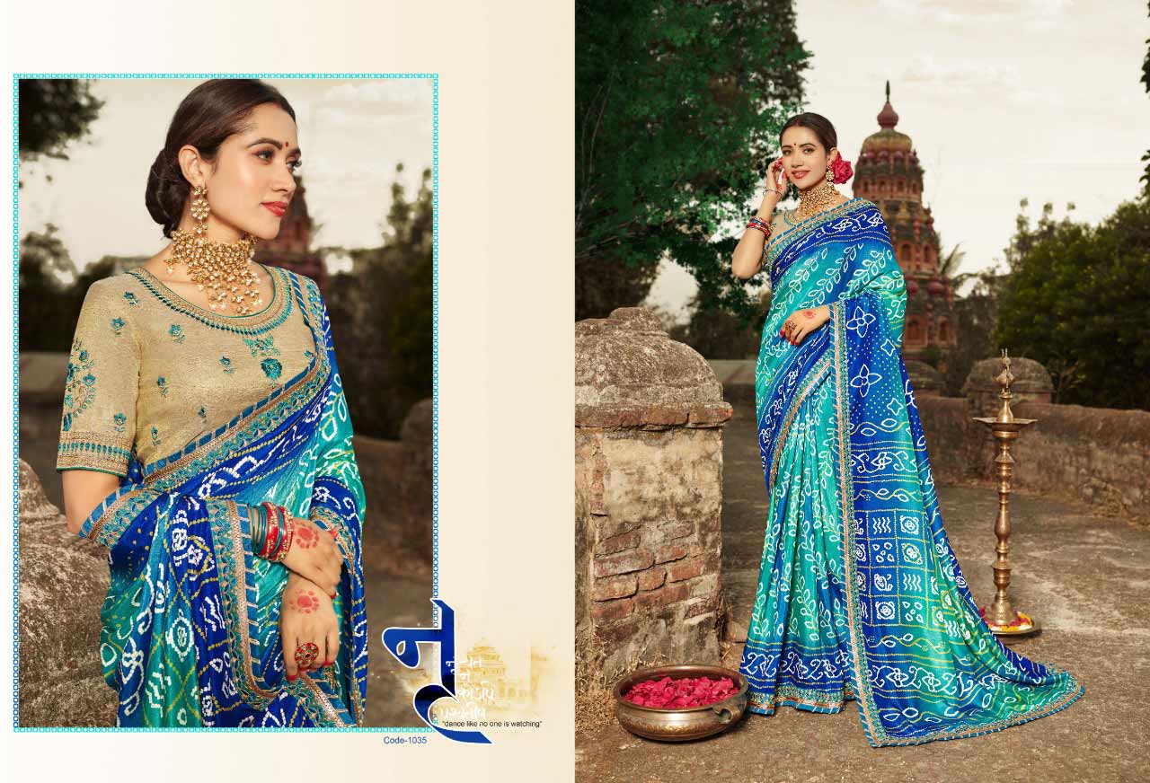 Bandhej Vol 9 Kessi Dola Silk Embroidery Bandhani Style Printed Fancy Saree Bandhej Vol 9 Kessi Dola Silk Embroidery Bandhani Style Printed Fancy Saree